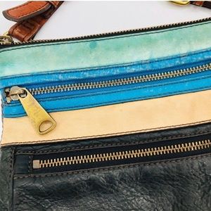 Fossil Explorer Crossbody Purse Bag Black Blue Leather Triple Zip Distressed